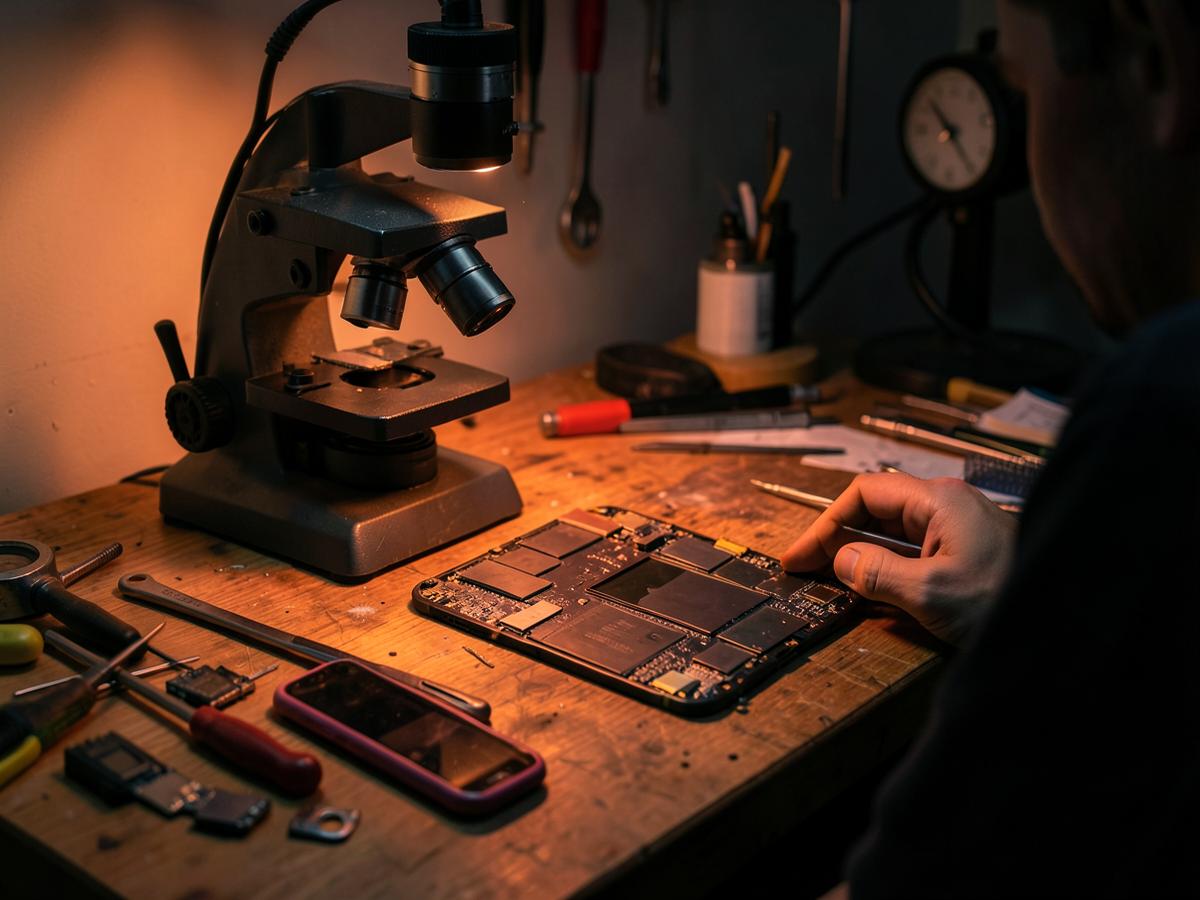 Bancada de assistência técnica com microscópio e placa de celular