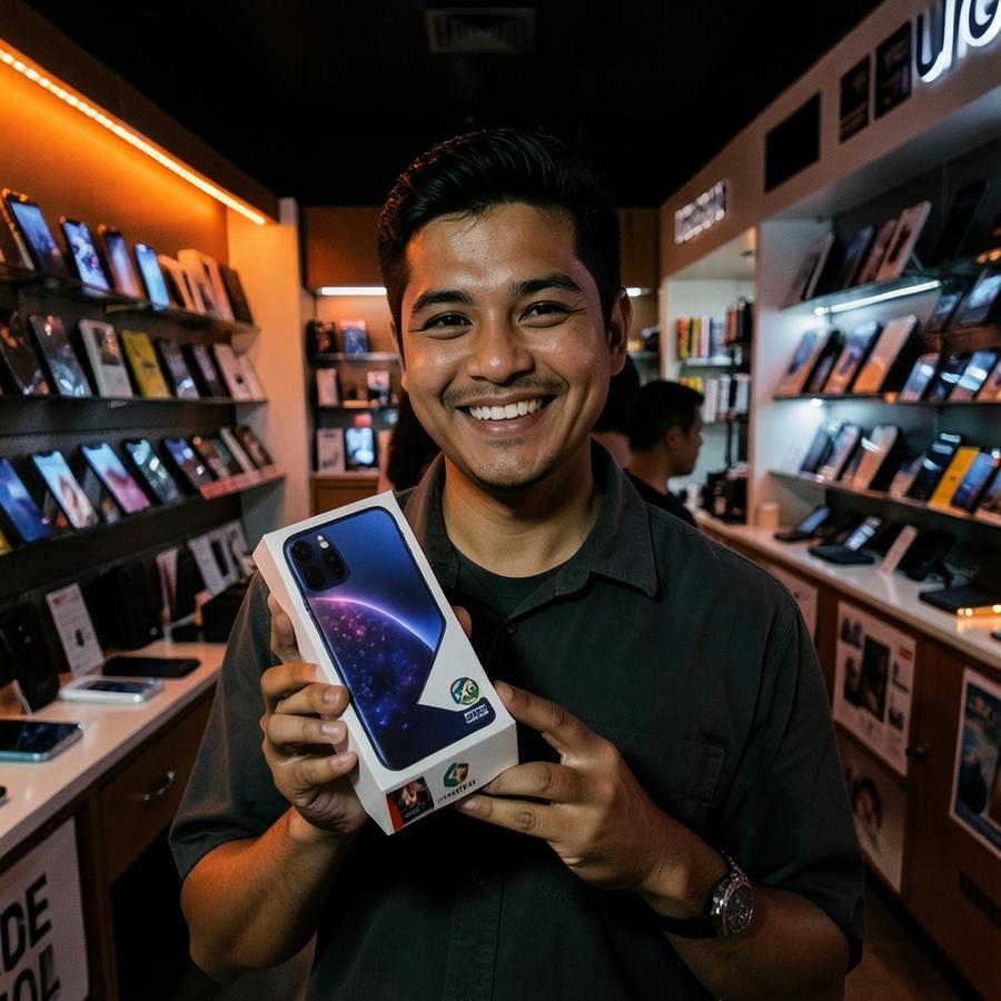 Cliente satisfeito recebendo o novo celular na loja STX Tech